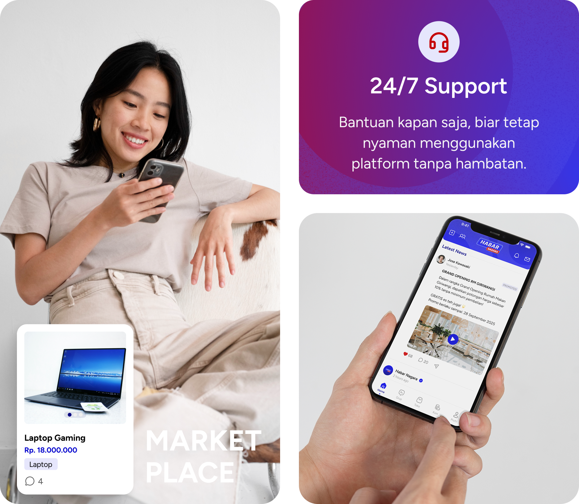 Kolase dukungan 24/7, marketplace, dan berita Habar Nagara